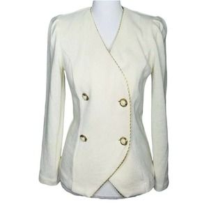Womens Vintage Matthew & Davis For BL Ivory Gold Trim Knit Sweater Blazer Sz 6P